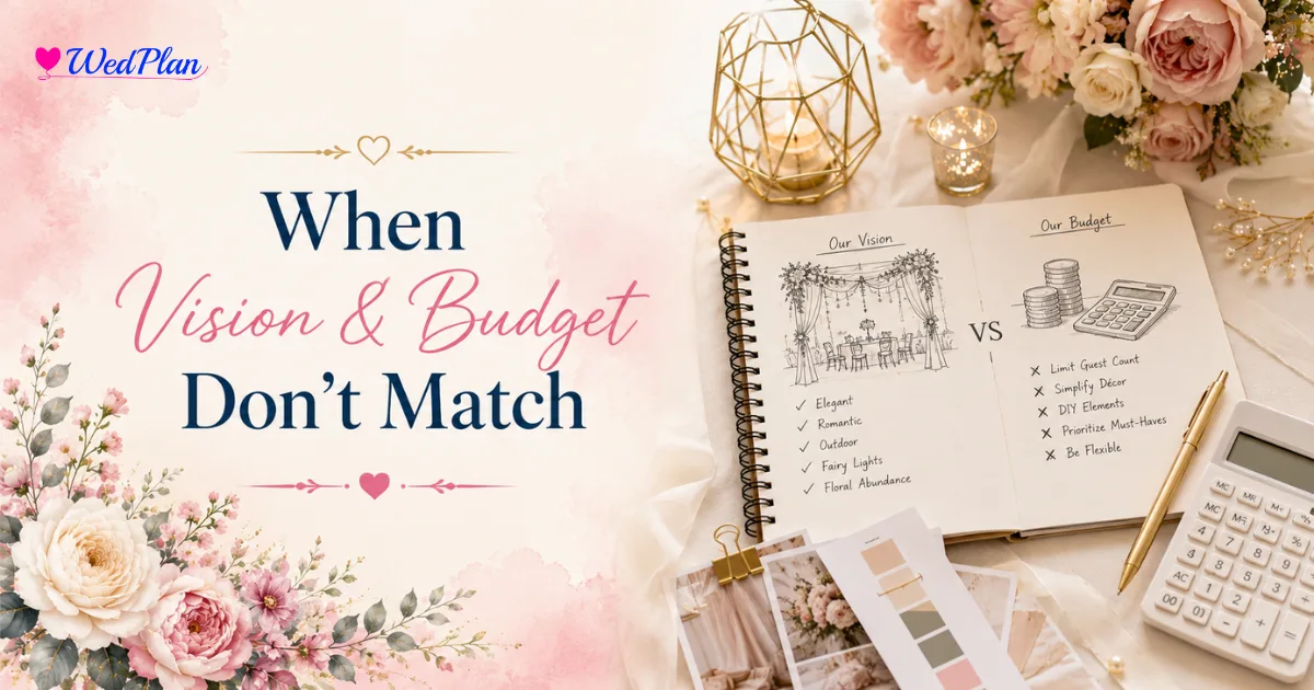Couple reviewing wedding budget together